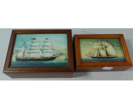 Two Modern Wooden Small Trinket Boxes Decorated with Tall Ships, 15cm and 13cm Wide 