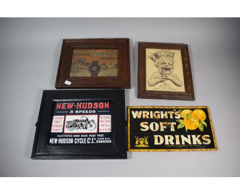 A Vintage Printed Metal Sign for Wright's Soft Drinks Together with a Framed Cow and Gate Smiler Advertisement, Framed Rowntr