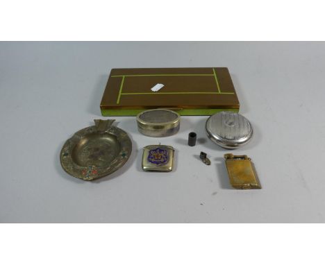 A Mid 20th Century Metal Cigarette Box Containing Enamelled Vesta, Silver Plated Tobacco Boxes, Vintage Lighter, Irish Ashtra