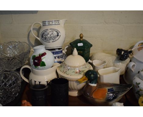A Tray of Ceramics to Include Reproduction Fresh Milk Jugs, Duck Box, Sheep Ornament, Ceramic Post Box etc 
