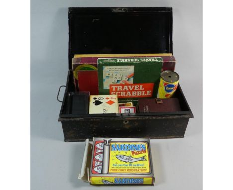 A Metal Deed Box Containing Vintage Games, Playing Cards, Travelling Chess etc 