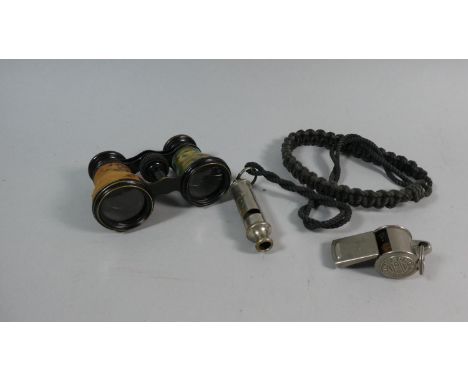 A Pair of Vintage Opera Glasses, Acme Thunderer Whistle, Grasshopper Whistle 
