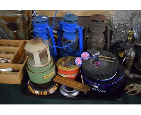 A Tray Containing Three Hurricane Lamps, Halfords Heater, Vintage Tins, Ashtrays etc 