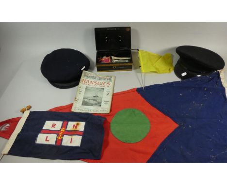 A Tray of Sundries to Include Vintage Flags, Burgee, Cash Tin, Sailing Caps, Nansen's Furthest North Booklet etc 