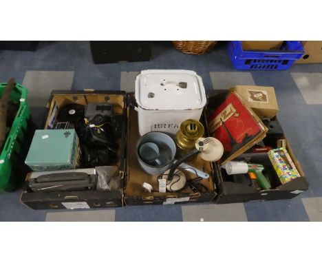 Three Boxes of Sundries to Include Enamelled Bread Bin, Adjustable Reading Lamp, Vintage Scrap Book, Toys, Polaroid Instant 1