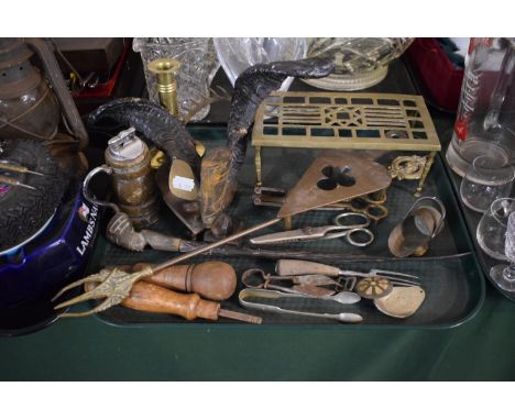A Tray of Various Vintage Metalwares, Horn Desk Tidy, Tools etc 