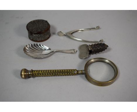 A Collection of Curios to Include Silver Plate Magnifying Glass, Silver Plated Tea Caddy Spoon, Pipe Cleaner, Wishbone Clip e