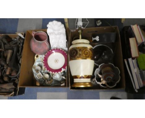 Two Boxes of Ceramics and Glass to Include Table Lamp, Creamware Wall Sconce, Part Teaset etc 