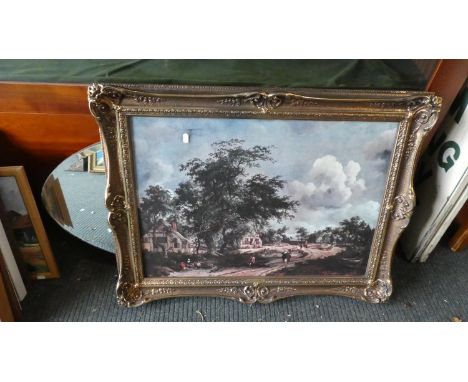 A Large Vintage Oval Bevel Edged Wall Mirror, 101cm Wide Together with Gilt Framed Print 