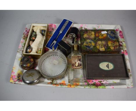 A Tray of Curios to Include Hand Painted Decorated Russian Eggs, Preserve Pot, Pewter Fork, Decorated Wooden Box etc 