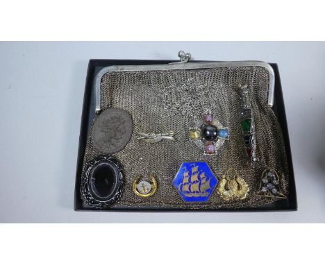 A Vintage Silver Plated Chainmail Purse, Enamelled Hexagonal Ship Brooch, Scottish Brooches, Mourning Brooch etc 