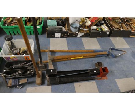 A Collection of Tools to Include Sledgehammer, Tamper, Fence Post Holders Etc 