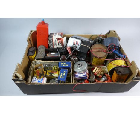A Box of Vintage Automobile Ephemera to Include Headlight Bulbs, Chrome Car Fittings, Vintage Oils Etc 