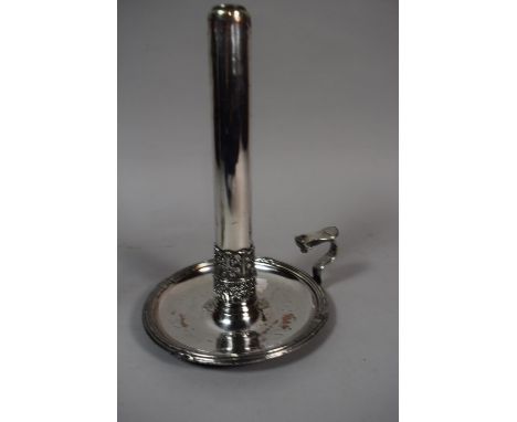 A Sheffield Plate Bed Chamber Stick with Sprung Pusher, on Circular Tray, 22cm High 