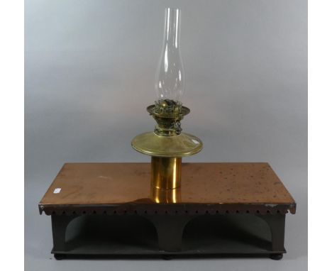 A Late 19th Century Copper Two Tier Table Top Warming Stand Together with a Brass Oil Lamp, Stand 61cm Wide 