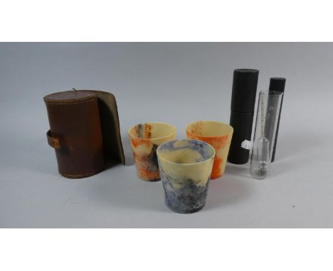 A Leather Cased Set of Three 'Linga Longa' Ware Beakers Together with Cased Measuring Flask and Thermometer 