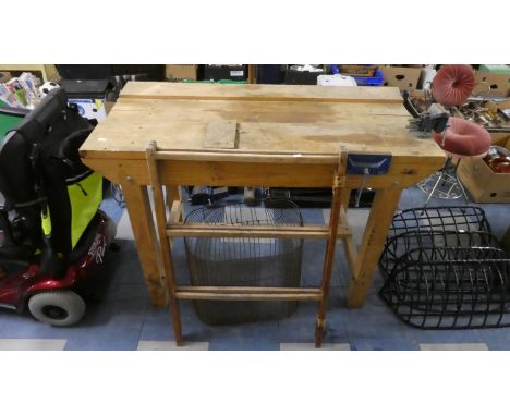 A Pine Work Bench with Two Vices, Vintage Clothes Airer, Fire Guard and Wine Rack 