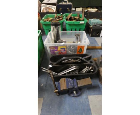 A Box of Various Nails, Staples, Fittings Together with a Box of Ring and Open Ended Spanners, Stilson, Vice etc 