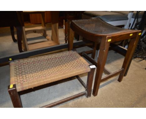 A cane seated stool; together with a string topped stool 