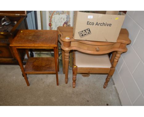 A pine hall table fitted single drawer; together with a pine dressing table stool raised on turned supports 