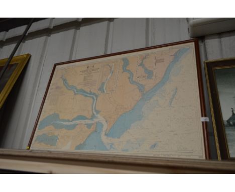 A large framed print "Approaches to Felixstowe, Harwich and Ipswich, with the Rivers Stour, Orwell and Deben"