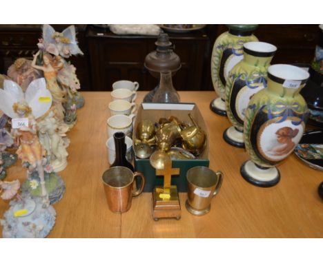 A quantity of commemorative mugs; oil lamp and glass chimney; and a quantity of metalware 