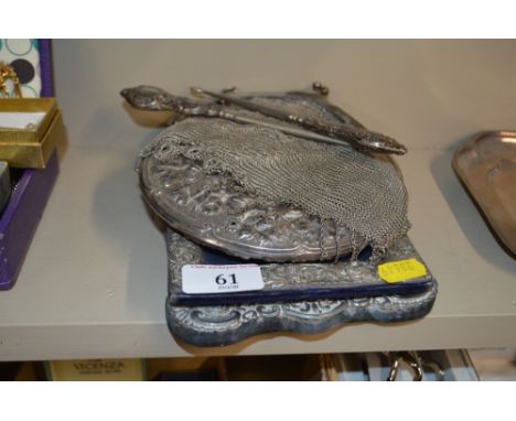 A silver photo frame  AF; one other photo frame; two silver handled button hooks; evening purse etc.