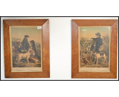 A pair of 19th century French Gamekeeper prints entitled the English Gamekeeper and the Scotch Gamekeeper. Set to burr maple 