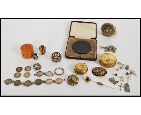 A collection of 20th century jewellery items to include a yellow metal Citron international pocket watch with an embossed hun