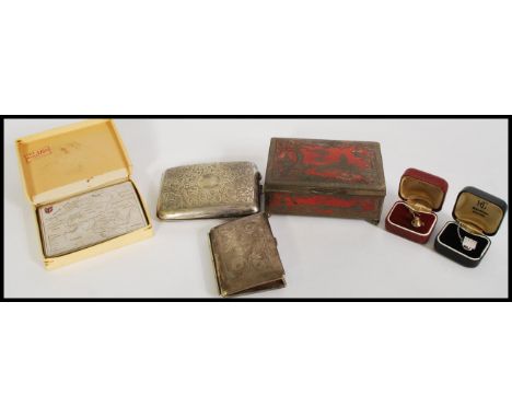 A group of vintage 20th century cigarette cases and boxes to include engine turned example, wooden cigarette box etc.