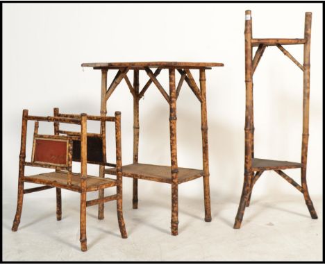 A collection of Victorian aesthetic movement furniture to include side table, plant stand, lamp table, magazine rack etc. Mea