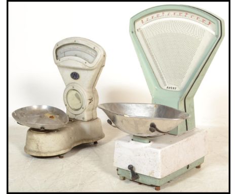 A&nbsp; mid century enamel painted shop / grocers scales by Avery in two tone colourway together with another set of Industri