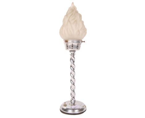 An early 20th Century 1930's Art Deco&nbsp;vintage industrial&nbsp;table lamp having a chromed metal barley twist stem on a r
