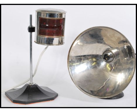 Two fantastic vintage retro 20th century industrial work table lamps to include a car inspection lamp raised on ebonised circ