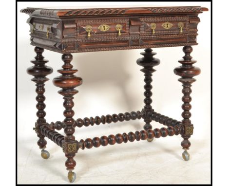 An unusual 19th century William &amp; Mary revival side table - lowboy being raised on bobbin turned legs and stretchers havi