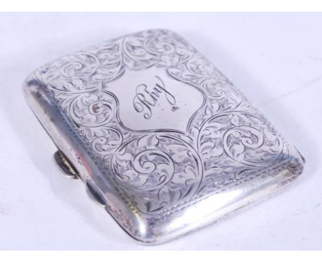 An early 20th century silver hinged cigarette case having fauna engraving to the case and initials engraved into a central sh