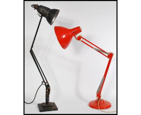 Two vintage 20th century industrial Anglepoise lamps to include a black Herbert Terry raised on stepped square base and an or