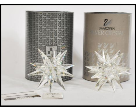 2 boxed large 20th century Swarovski cut silver crystal glass decorative snow drops stars / candlestick candle holders. Compl