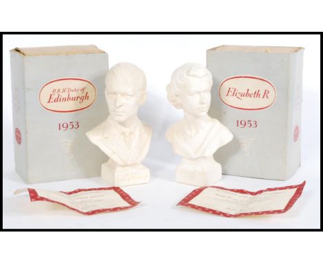 Two mid 20th Century&nbsp; boxed ceramic busts commemorating the marriage of Queen Elizabeth II and Prince Phillip. Sculpture