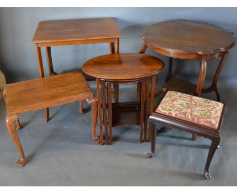 A Chinese Hardwood Rectangular Stool With Cabriole Legs and pad feet, together with another stool, two occasional tables and 