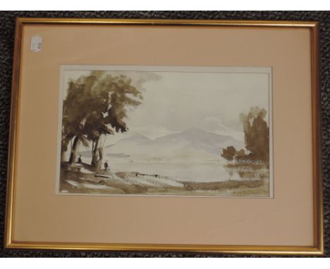 A watercolour, R Martin Tomlinson, Morning lake vista, signed, 19 x 31cm, and two prints, after W H Cooper, Lakes scenes, eac