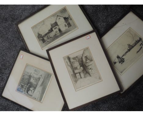 Four etchings, W R Wakefield, inc On the Mersey, each signed, 16 x 23cm, each plus frame and glazed
