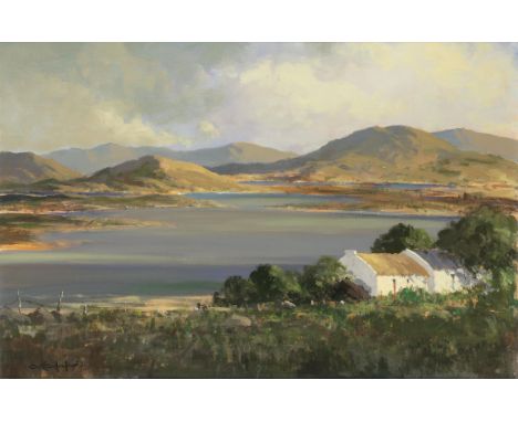 George K. Gillespie RUA (1924 - 1996) Lough Anure, Co. Donegal  Oil on canvas, 61 x 91cm (24 x 35¾) Signed; also signed and i