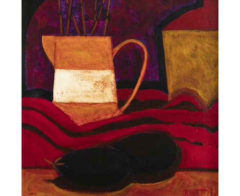 Graham Knuttel (b.1954) Aubergines and Jug Acrylic on canvas, 40 x 40cm (15¾ x 15¾'') Signed