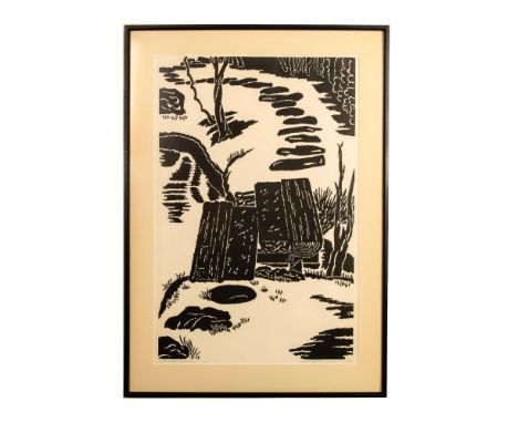 Large original black and white woodblock print on paper by Japanese Modern Master printmaker and wood cutter Un'ichi Hiratsuk