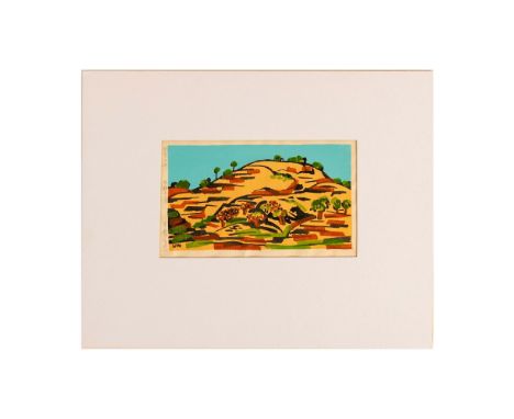 Original color woodblock print on paper entitled Mountains of Izumo, Shimane Prefecture by Modern Master printmaker and wood 