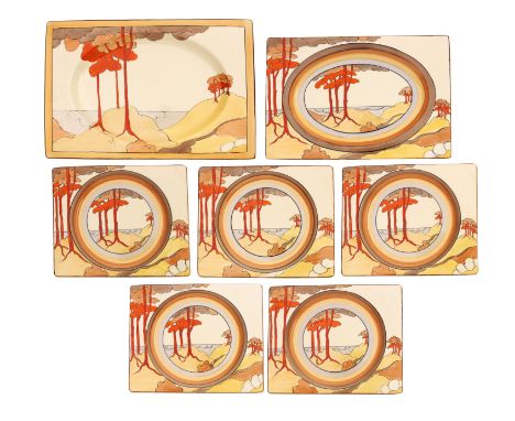Clarice Cliff'Coral Firs' part service, 1933-39Hand-painted ceramic, comprising two larger serving plates and five luncheon p
