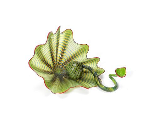 Dale ChihulyTwo part 'Persian' set, circa 2001hand-blown green glass optical and striped forms, with red lip wraps.Larger for
