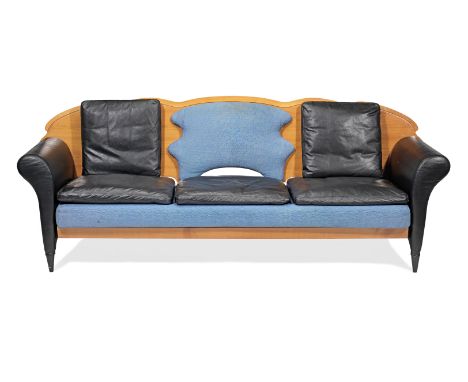 Bořek ŠípekThree-seater sofa, from the 'Prosin' series, 1991Cherrywood, leather, fabric upholstery. 90 x 247 x 94 cmManufactu