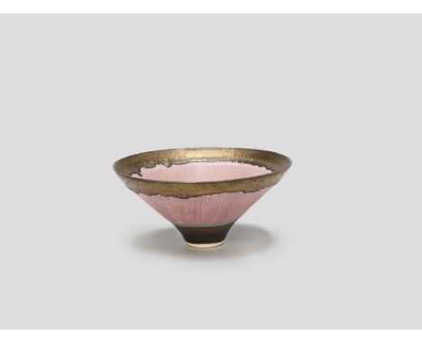 Lucie RieFlared and footed bowl, circa 1975Porcelain, linear sgraffito against a pink glaze, with turquoise and golden mangan